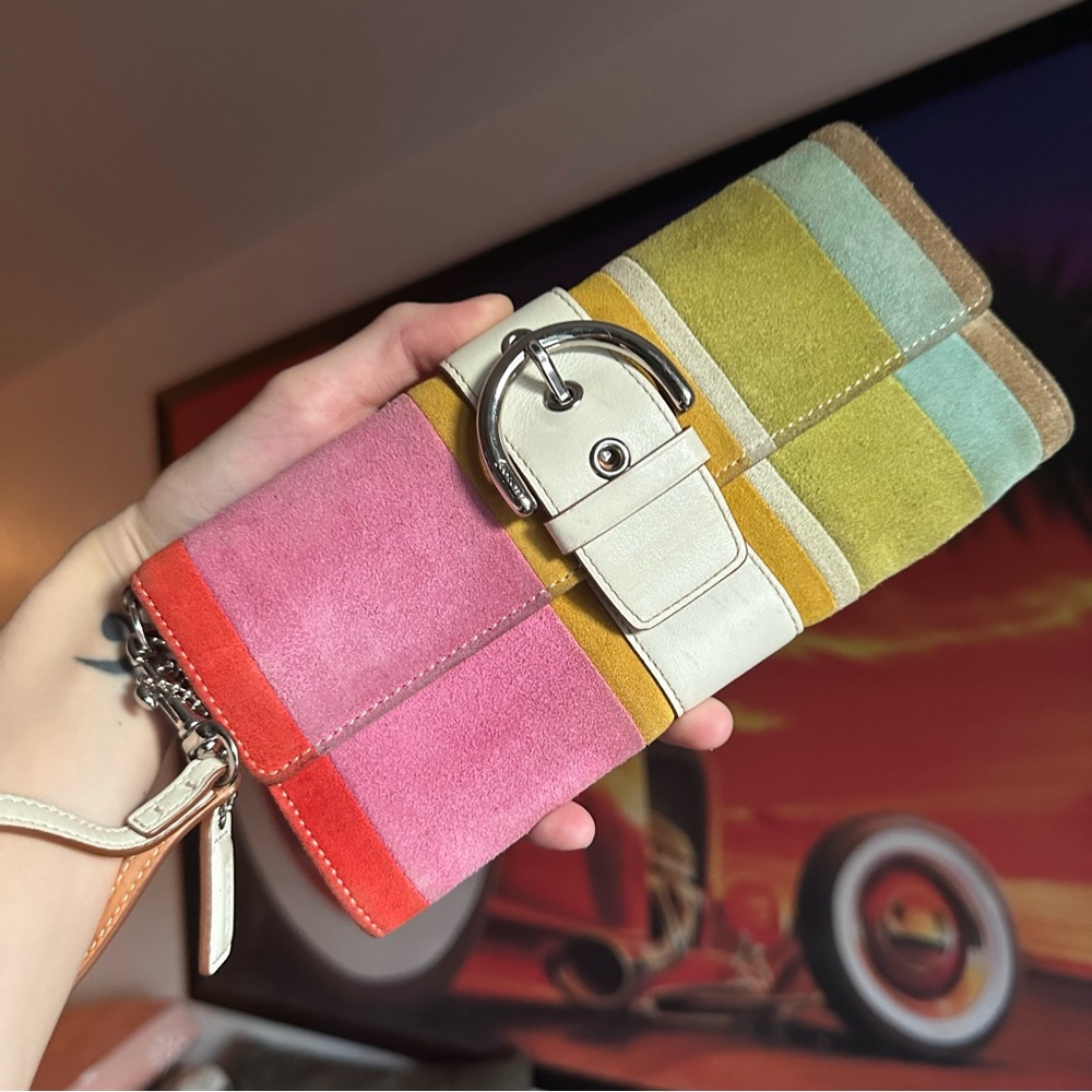 Coach Suede Soho Patchwork Multicolor Wristlet Clutch Green Pink Red Y2K